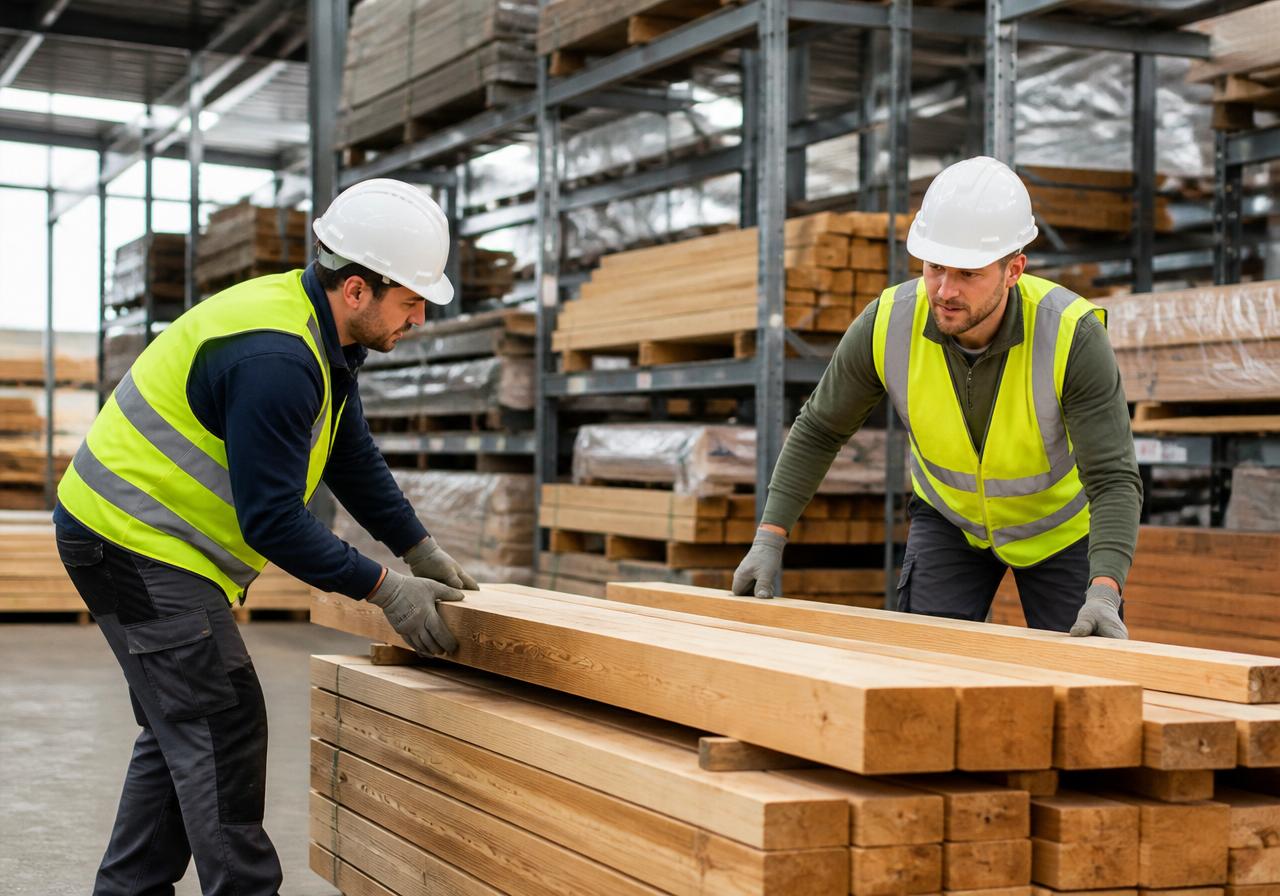 Twee bouwvakkers controleren houten bouwmaterialen