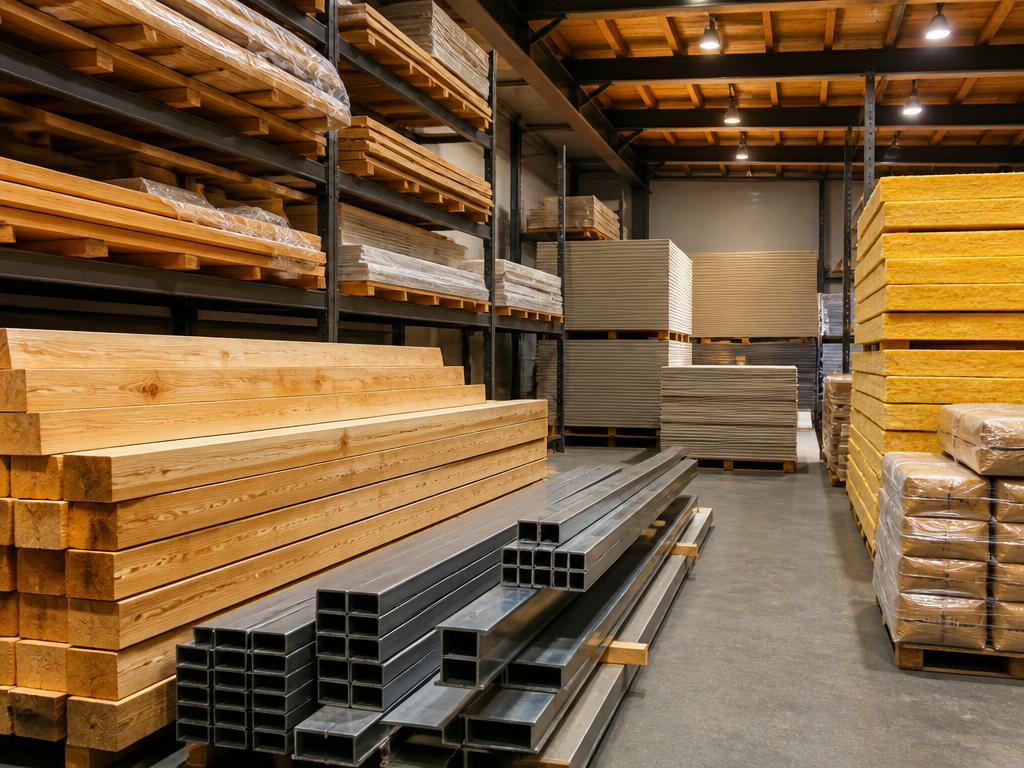 Bouwmaterialen netjes gestapeld in een modern magazijn